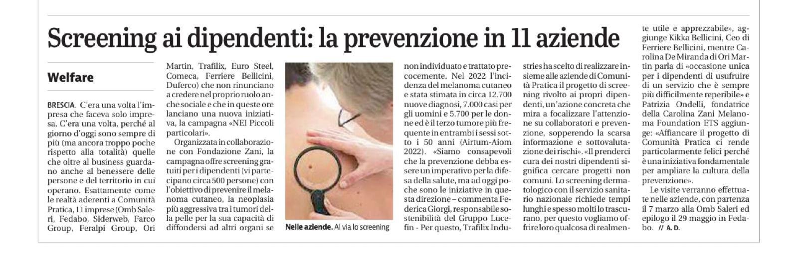 Euro steel "Nei piccoli particolari" articolo del giornale di Brescia relativo alla Campagna screening realizzata per i i dipendenti
